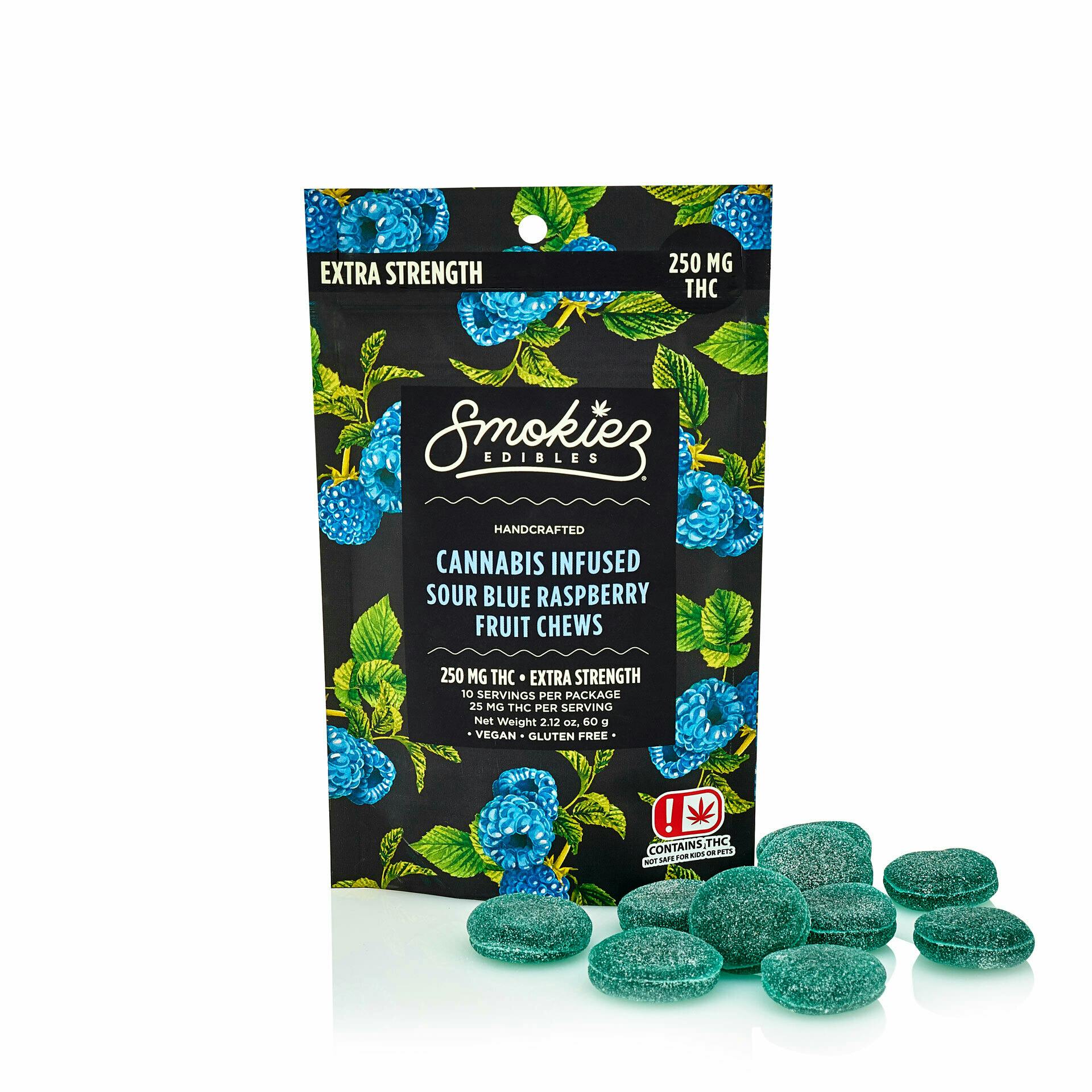 Sour Blue Raspberry Fruit Chews - 250 mg THC - OK - Smokiez Edibles