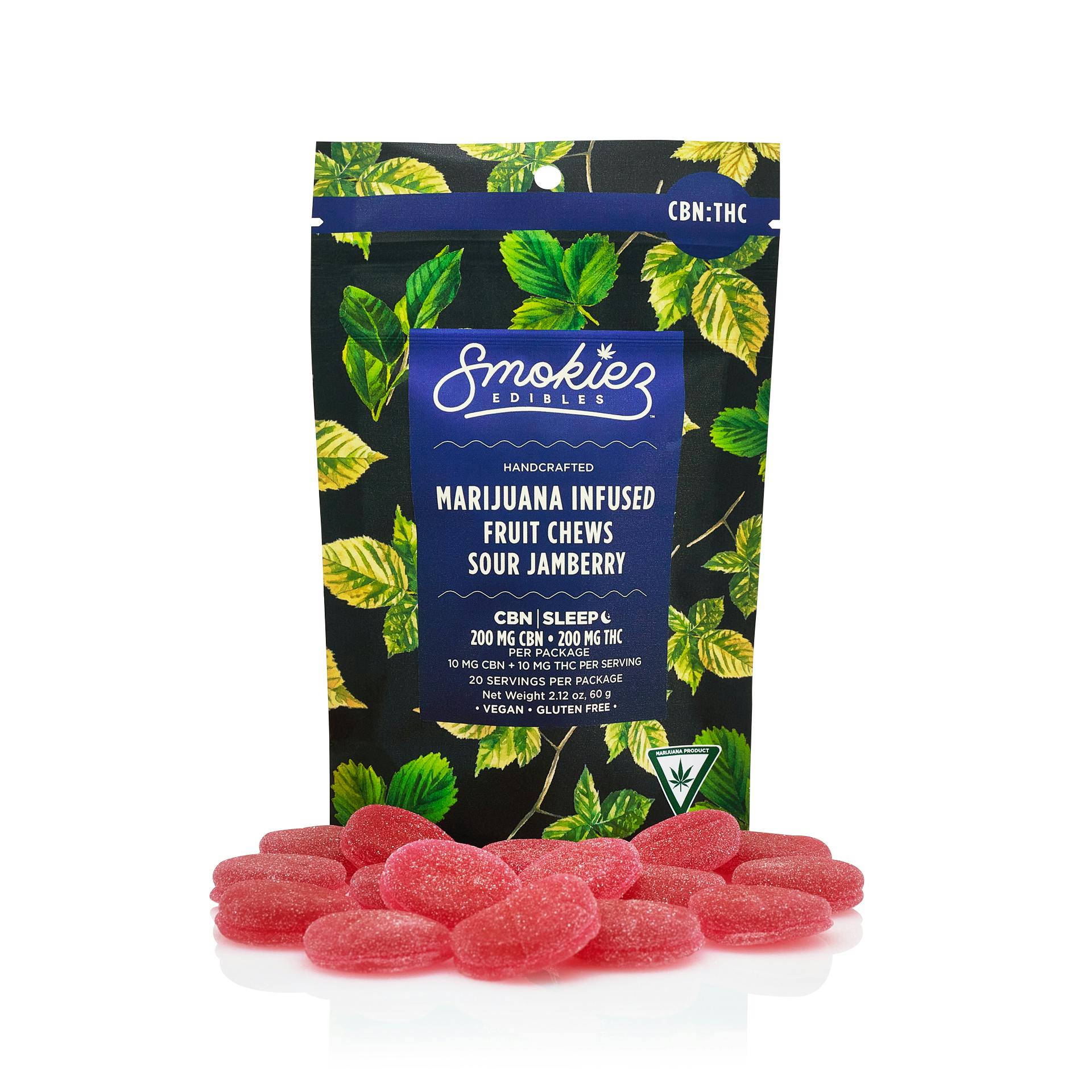 Sour Jamberry 200mg CBN : 200mg THC Fruit Chews - MI - Smokiez Edibles