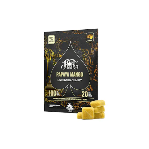 Heavy Hitters - Papaya Mango -Hybrid- 100mg Live Rosin Solventless (Gummies) | Made with Real Fruit | Vegan 5-pack | Heavy Hitters      -r6 BACK