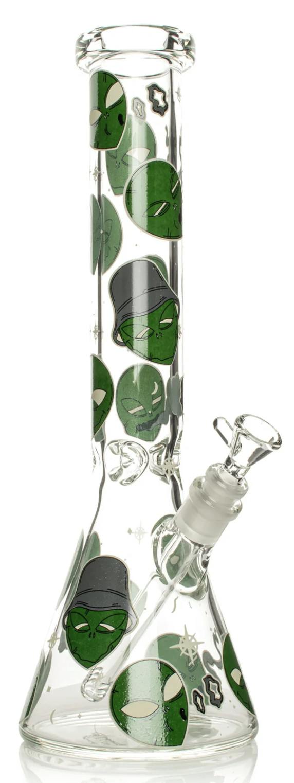 Red Eye Glass: 15" 7mm Thick Alien Glow In The Dark Water Pipe