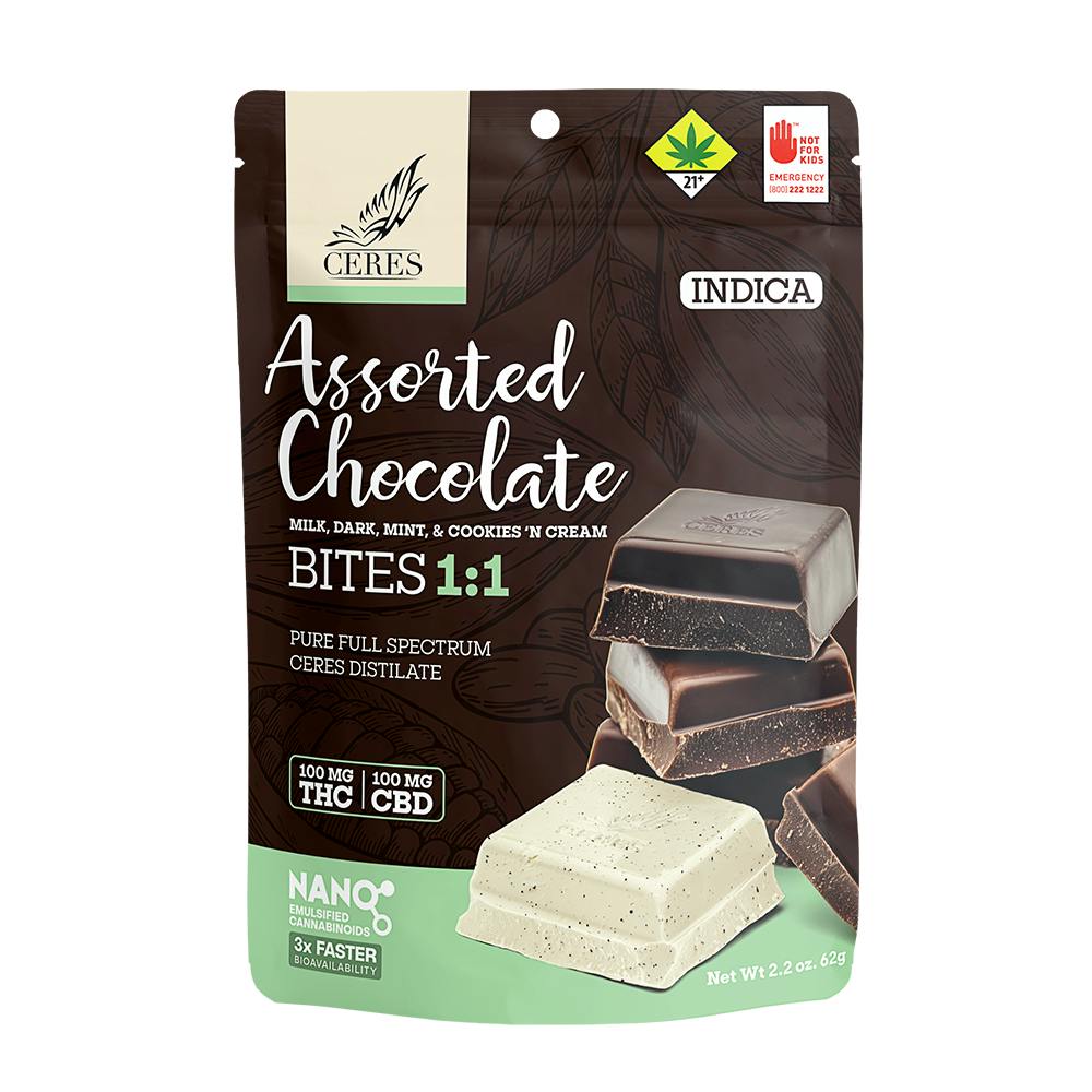 1:1 Assorted - Indica [10pk] (100mg CBD/100mg THC) | Ceres - Chocolate Bites