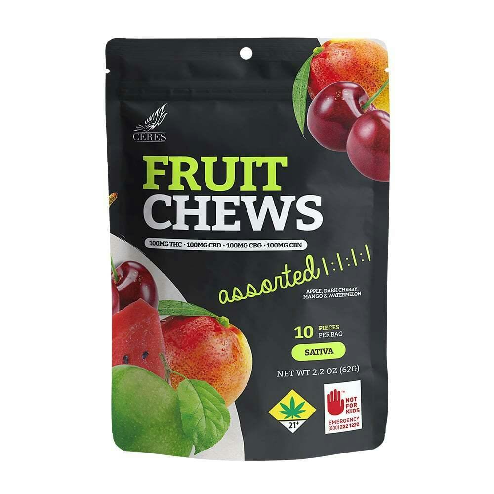 1:1:1:1 Assorted - Sativa [10pk] (100mg CBD/100mg THC/100mg CBG/ 100mg CBN) | Ceres - Fruit Chews