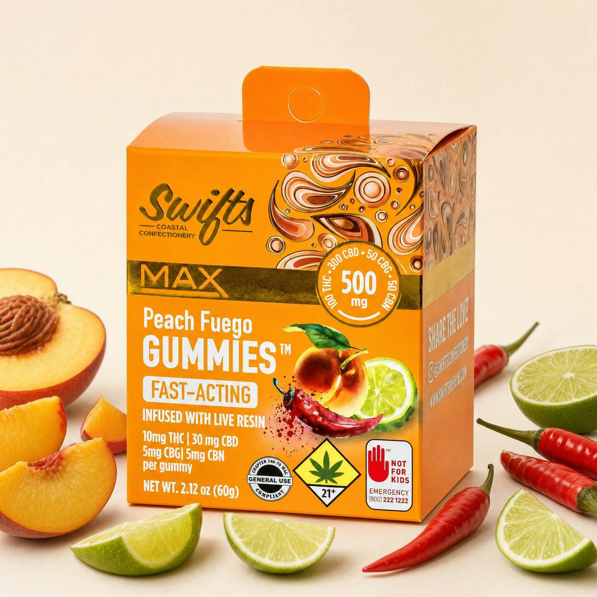Peach Fuego [10pk] (100mg CBD/100mg THC/100mg CBN/100mg CBG) | Swifts - Max Gummies