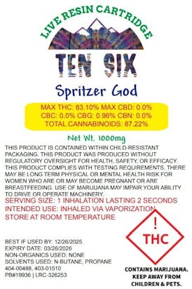 Ten Six - Spritzer God - 1g Live Resin Cart