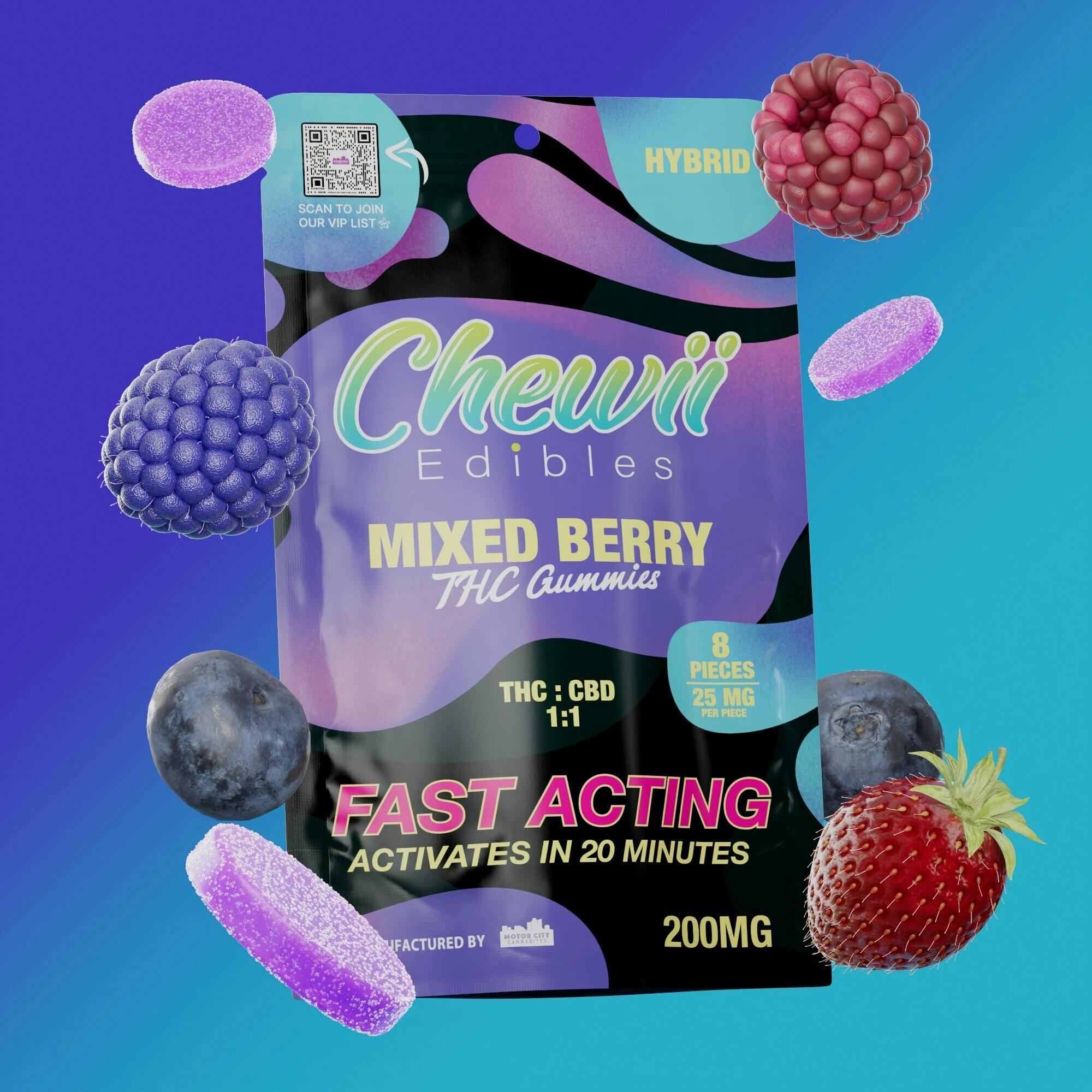 Chewii - 200mg THC:200mg CBD Fast-Acting Gummies - Mixed Berry