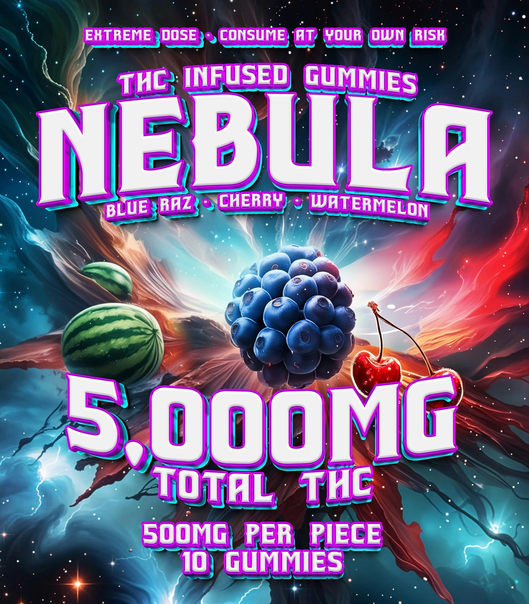 Nebula 5,000mg Variety Gummy - Blue Raz - Black Cherry - Watermelon 2/ $60