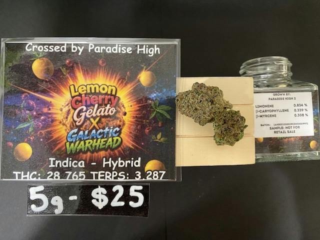 Lemon Cherry Gelato x Galactic Warhead 5g flower by Paradise High 5g/$25