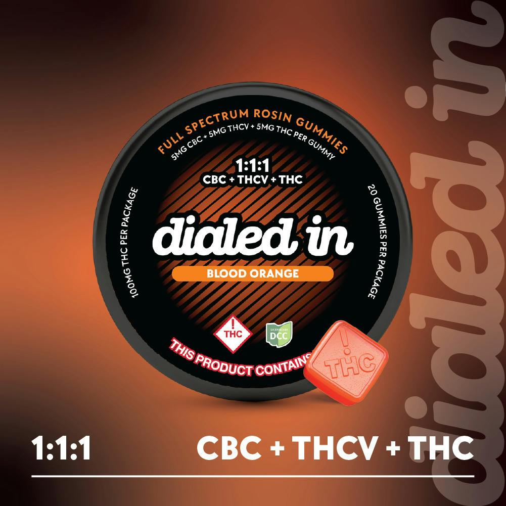 Dialed In - 100MG Rosin Gummies 1:1:1 THC:THCV:CBC 20PK -Blood Orange [ H ]