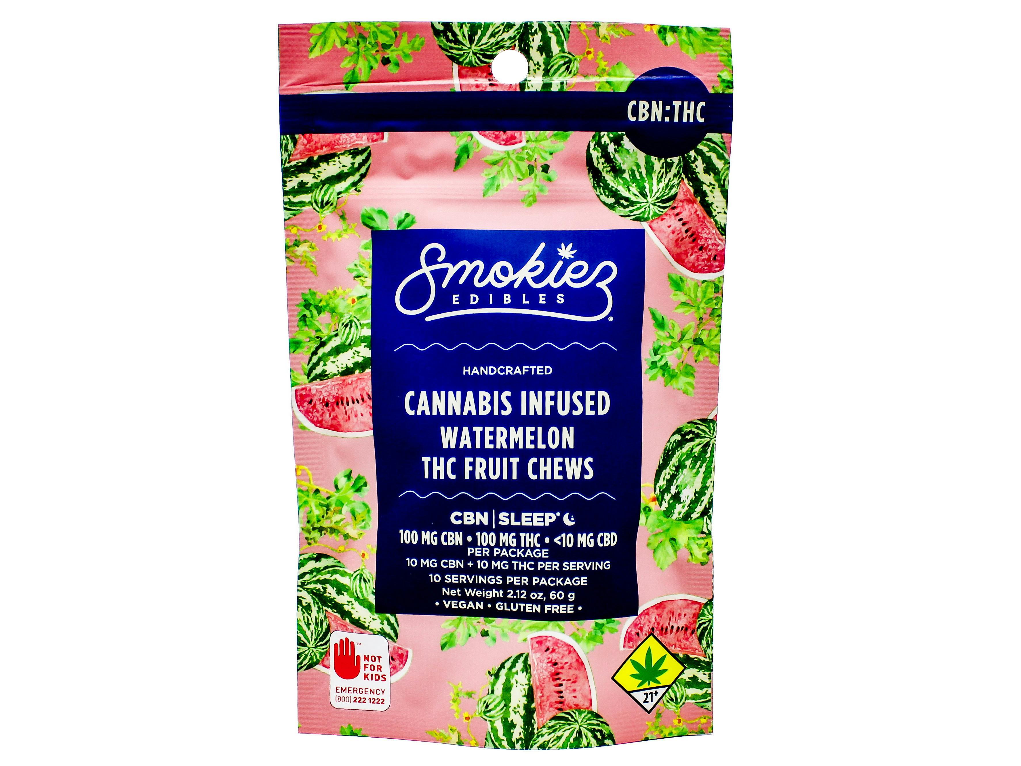 SMZ Watermelon 1:1 CBN:THC 10pk Indica Fruit Chews 200mg 44713 R1 AOF SW_ED154|AOF