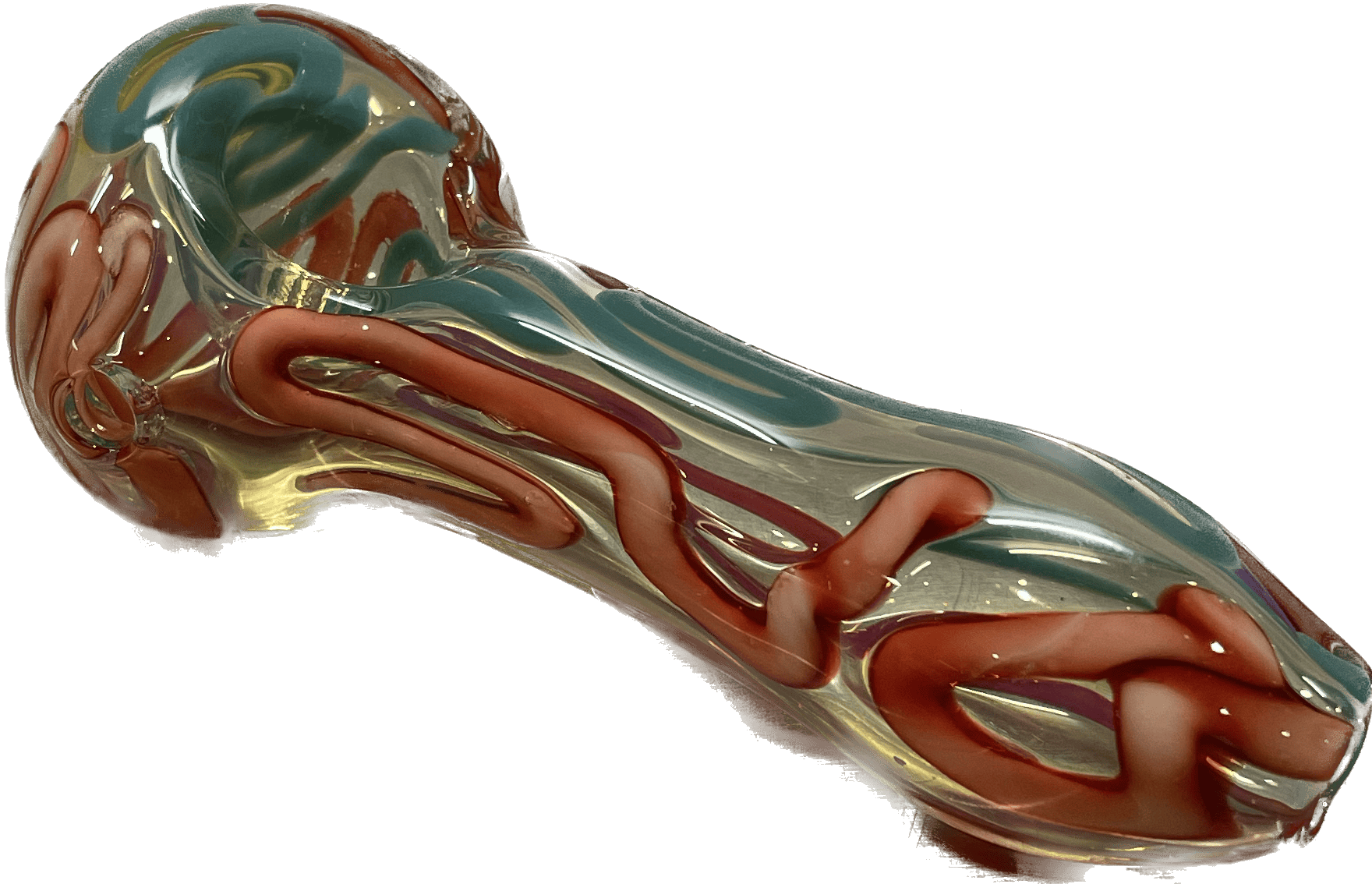 #27 B CA MADE HANDBLOWN TEAL/RED GLASS PIPE