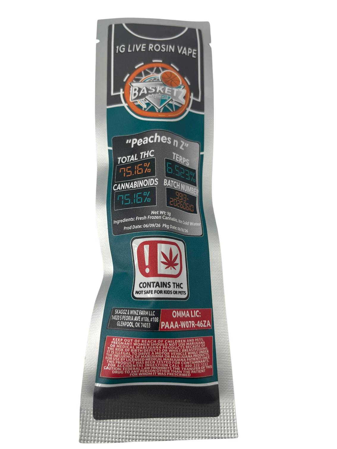 Basketz | Peaches n Z | 1g Live Hash Rosin Disposable