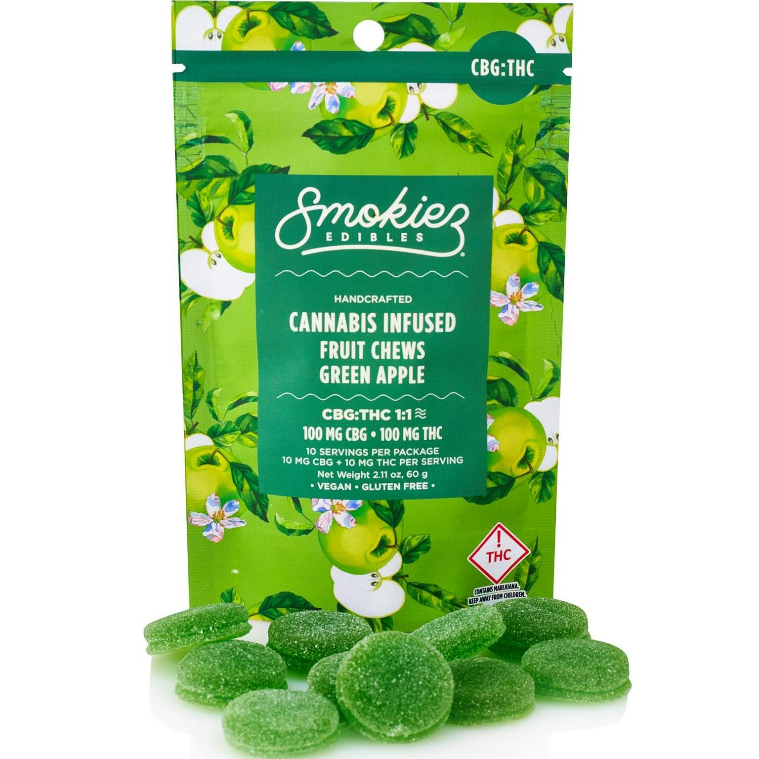 Green Apple (H) - (1:1 THC:CBG) - 100mg Gummies - Smokiez