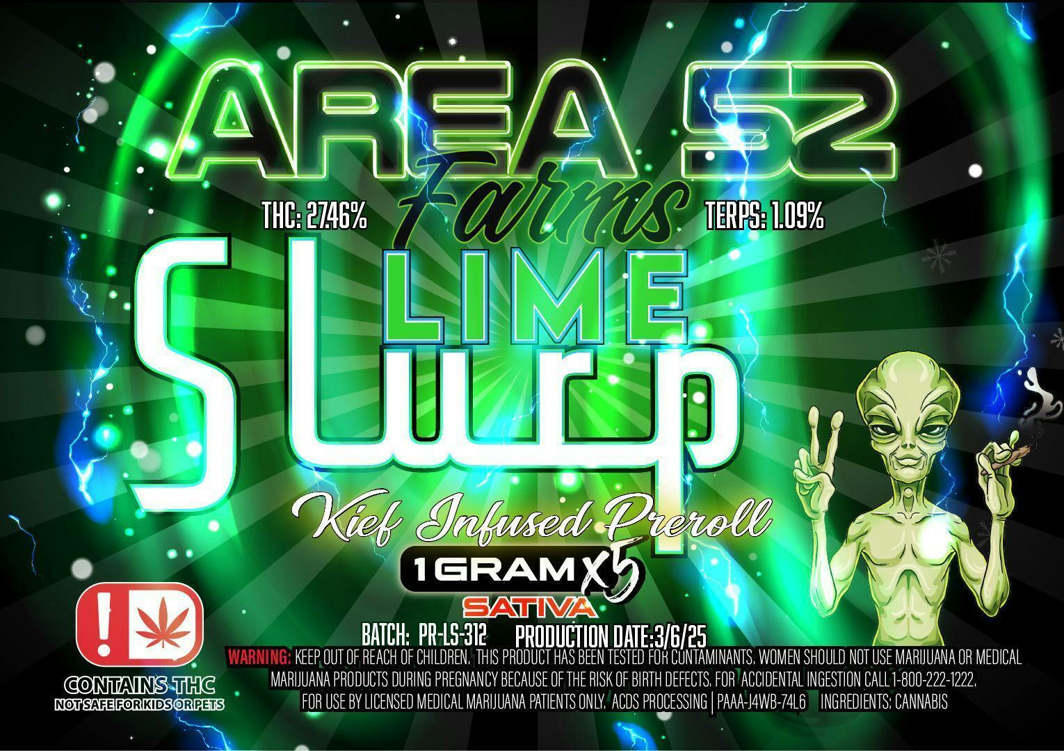 Area 52 Lime Slurps Kief Infused Preroll 5pk