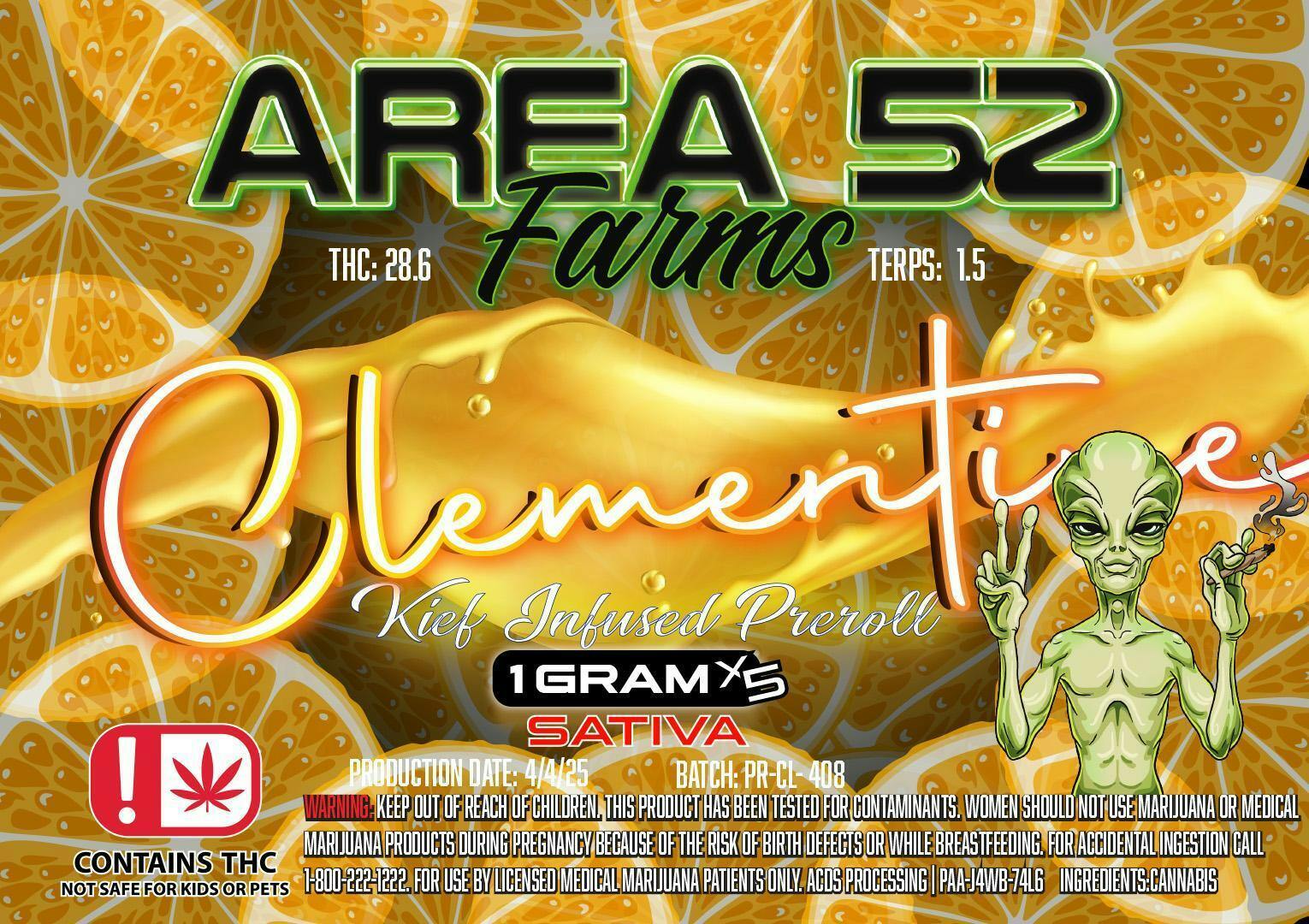 Area 52 Clementine Kief Infused Preroll 5pk
