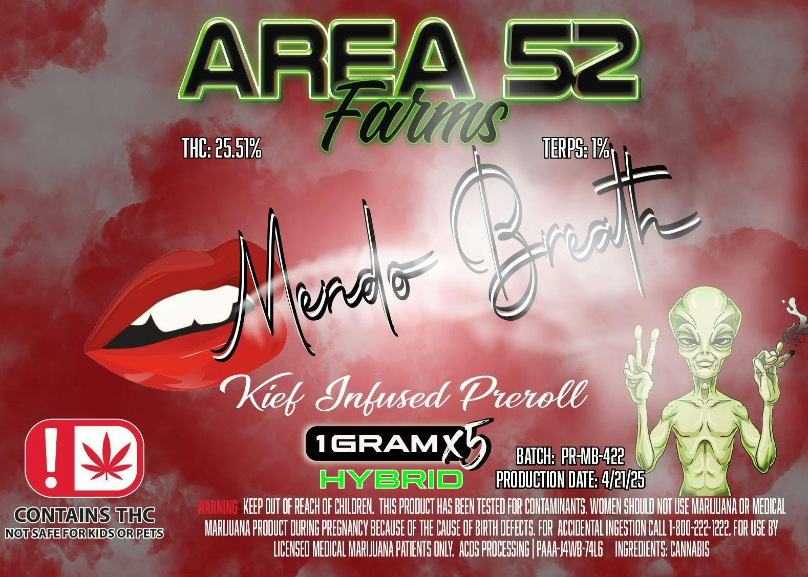 Area 52 Mendo Breath Kief Infused Preroll 5pk