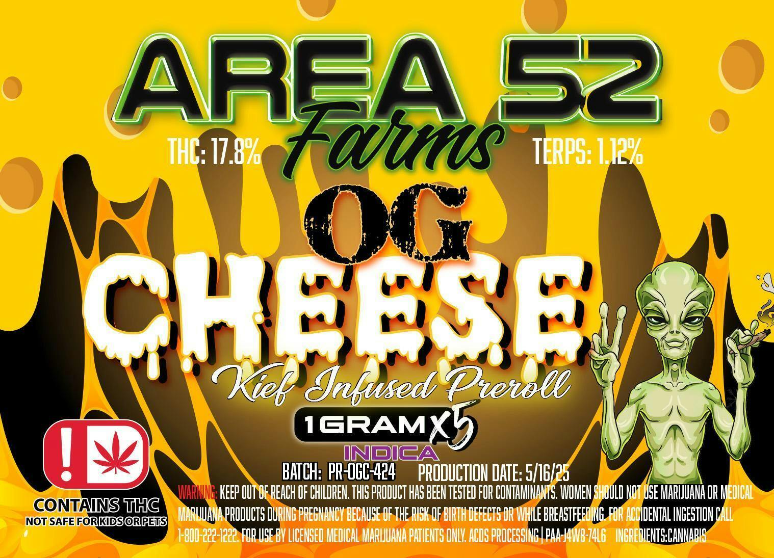 Area 52 OG Cheese Kief Infused Preroll 5pk