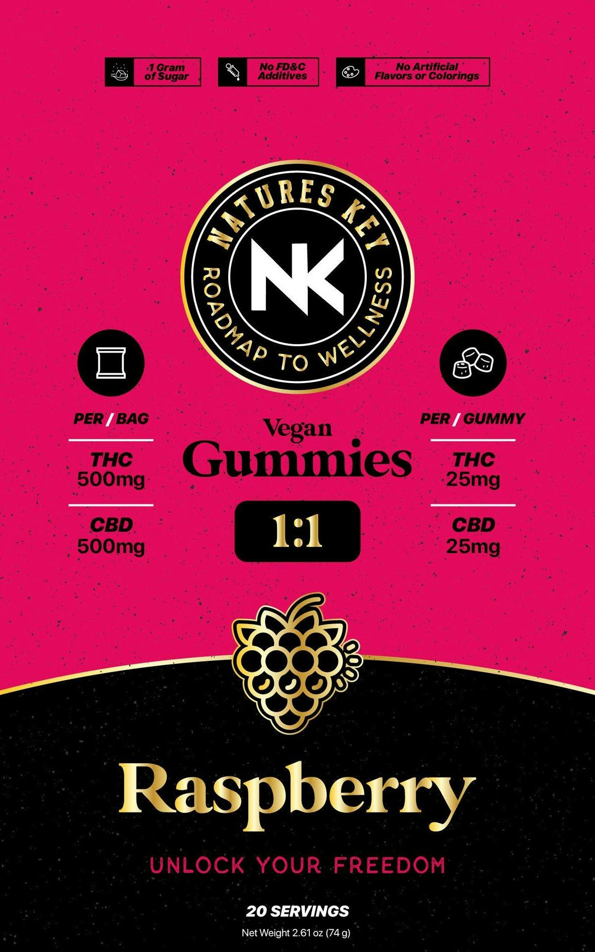 Nature's Key Raspberry Gummies 1:1 THC:CBD