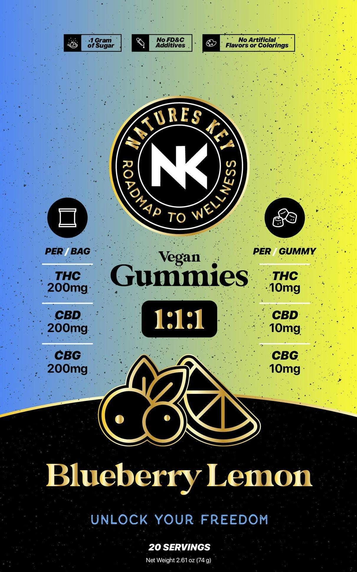 Nature's Key Blueberry Lemon Gummies 1:1:1 THC:CBD:CBG