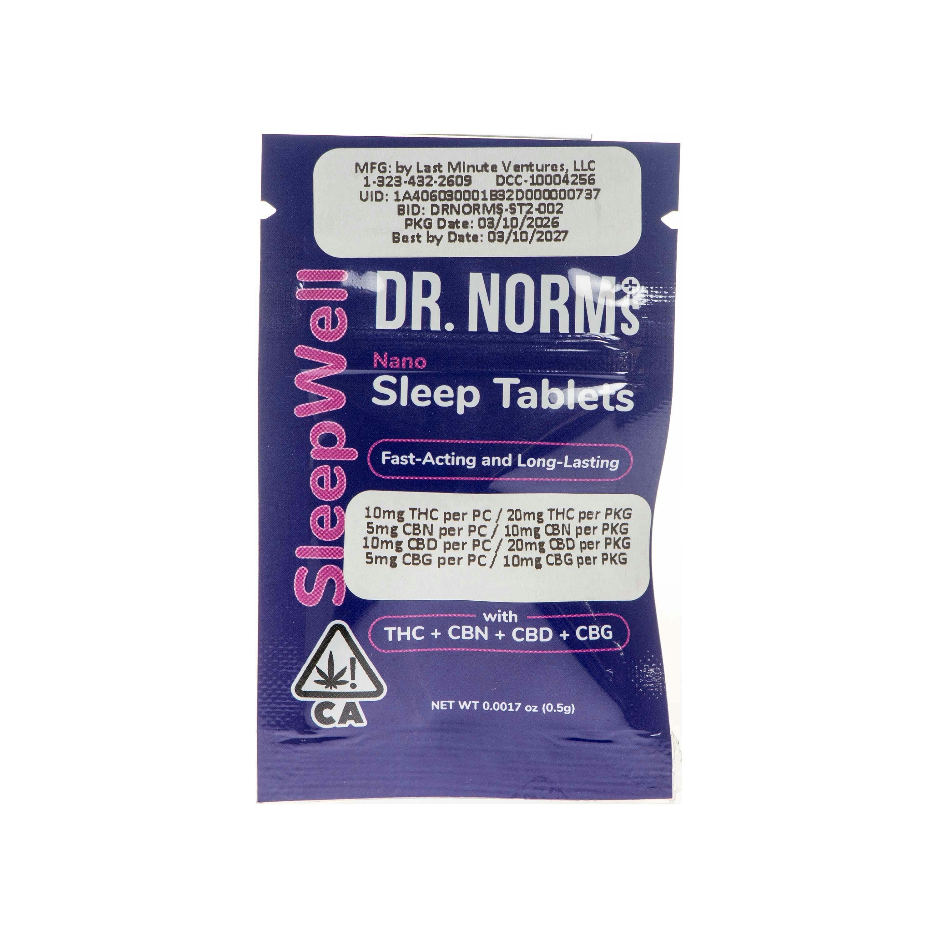 Dr. Norms | SleepWell Sleep Tablets (THC:CBN:CBD:CBG - 60mg Total)