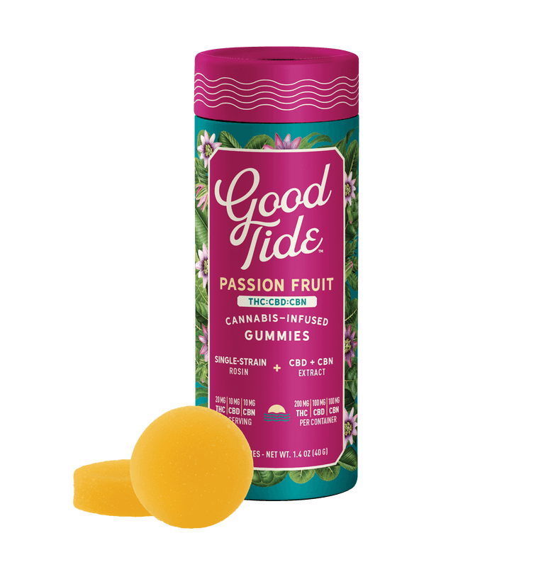 Good Tides Passionfruit THC : CBD : CBN Solventless Hash Gummies 100mg cannabis product