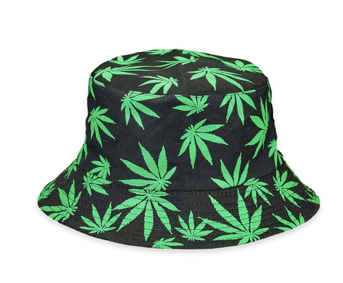 Bucket Hat w/ Green Hemp Leaf Print - Black - ****ONE SIZE FITS MOST****