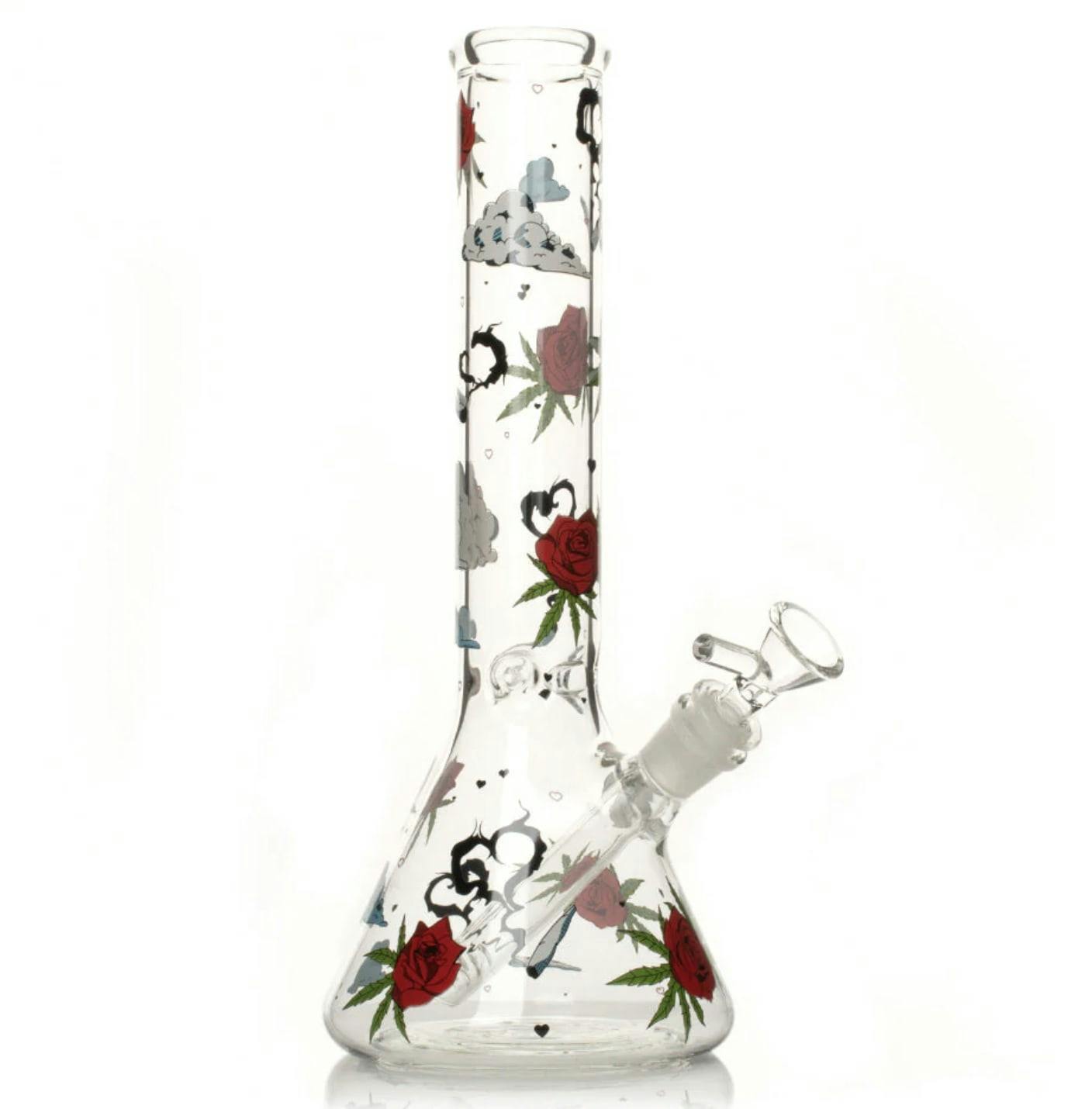 Red Eye Glass - 12" Roses & Weed Beaker Bong