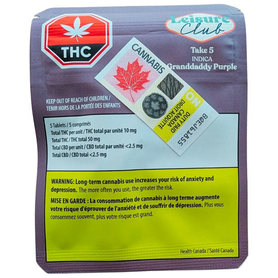 Leisure Club - Take 5 - Grandaddy Purple Tablets - Indica - 5 caps