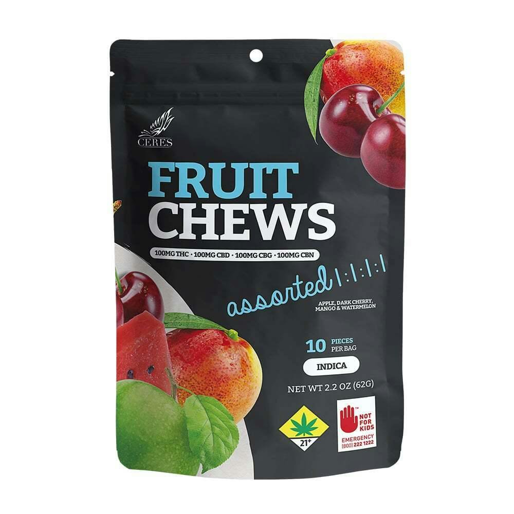 1:1:1:1 Assorted - Indica [10pk] (100mg CBD/100mg THC/100mg CBG/ 100mg CBN) | Ceres - Fruit Chews