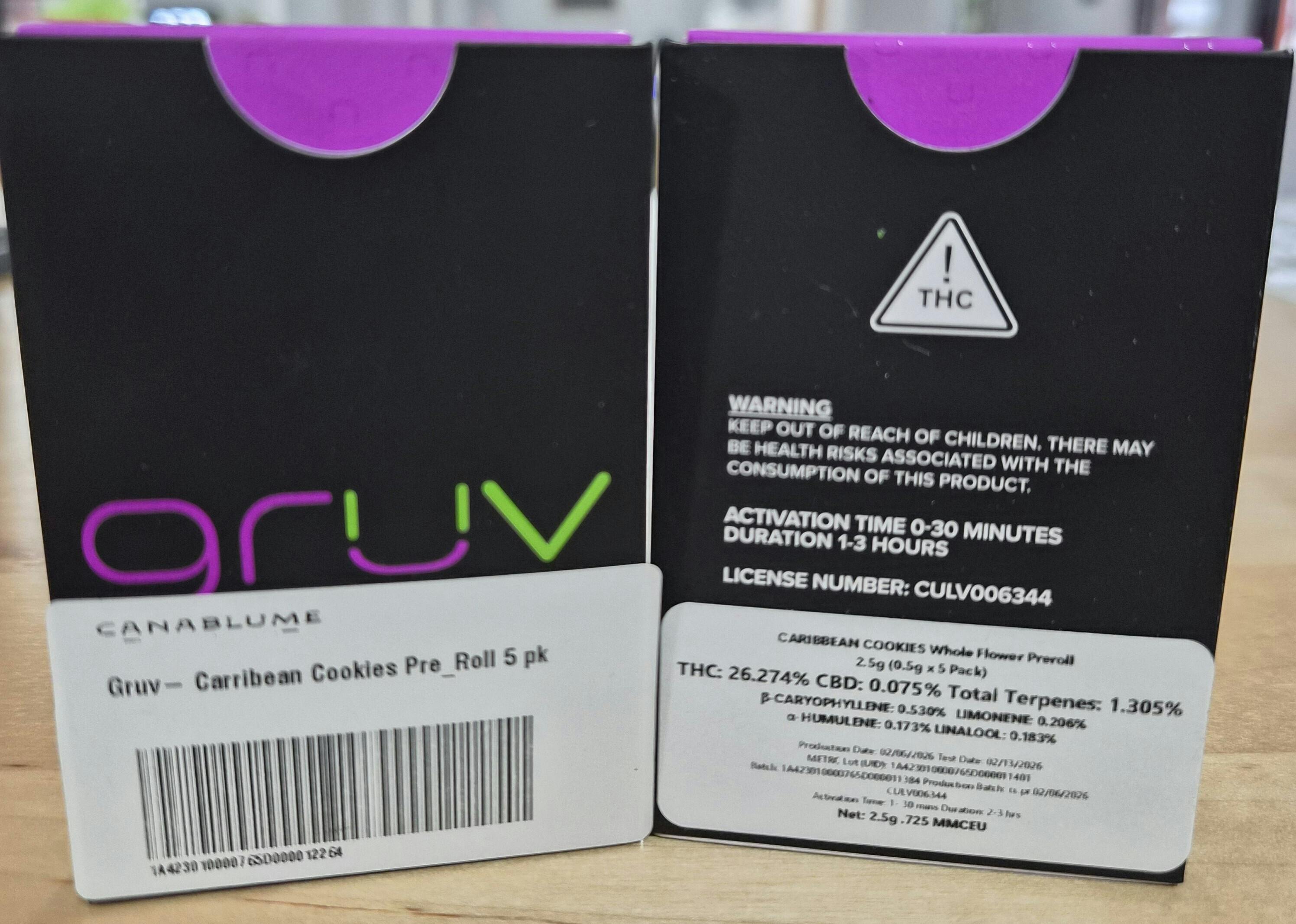 GruV - Caribbean Cookies Pre Rolls 5pk - 2.5g