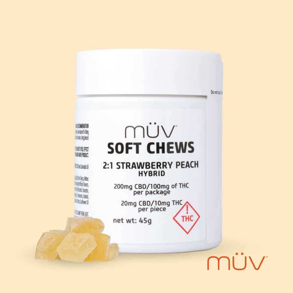 MÜV Strawberry Peach 2:1 CBD:THC Soft Chews 100mg [10-Pack] at MÜV Cannabis Dispensary