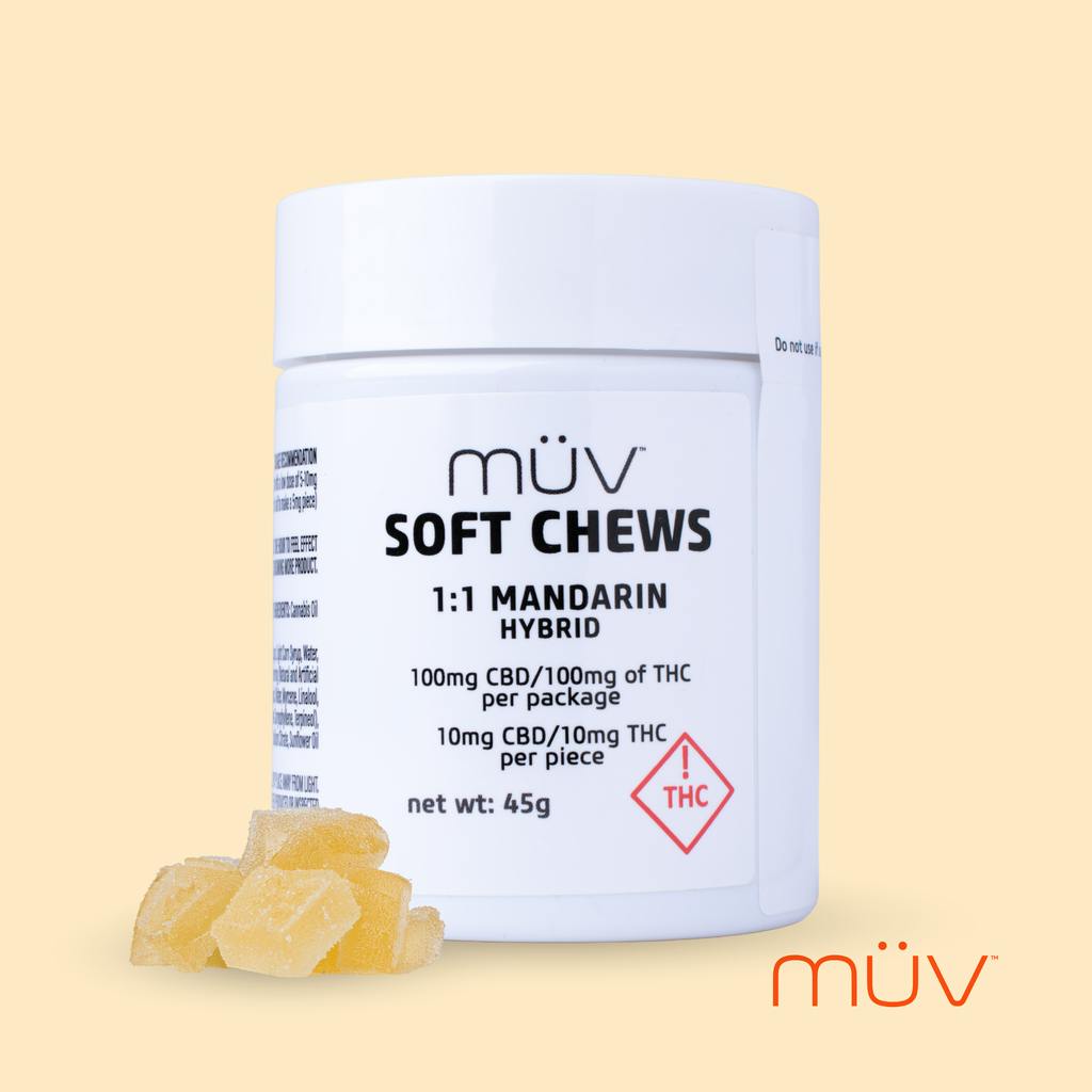 MÜV Mandarin 1:1 CBD:THC Soft Chews 100mg [10-Pack] at MÜV Cannabis Dispensary