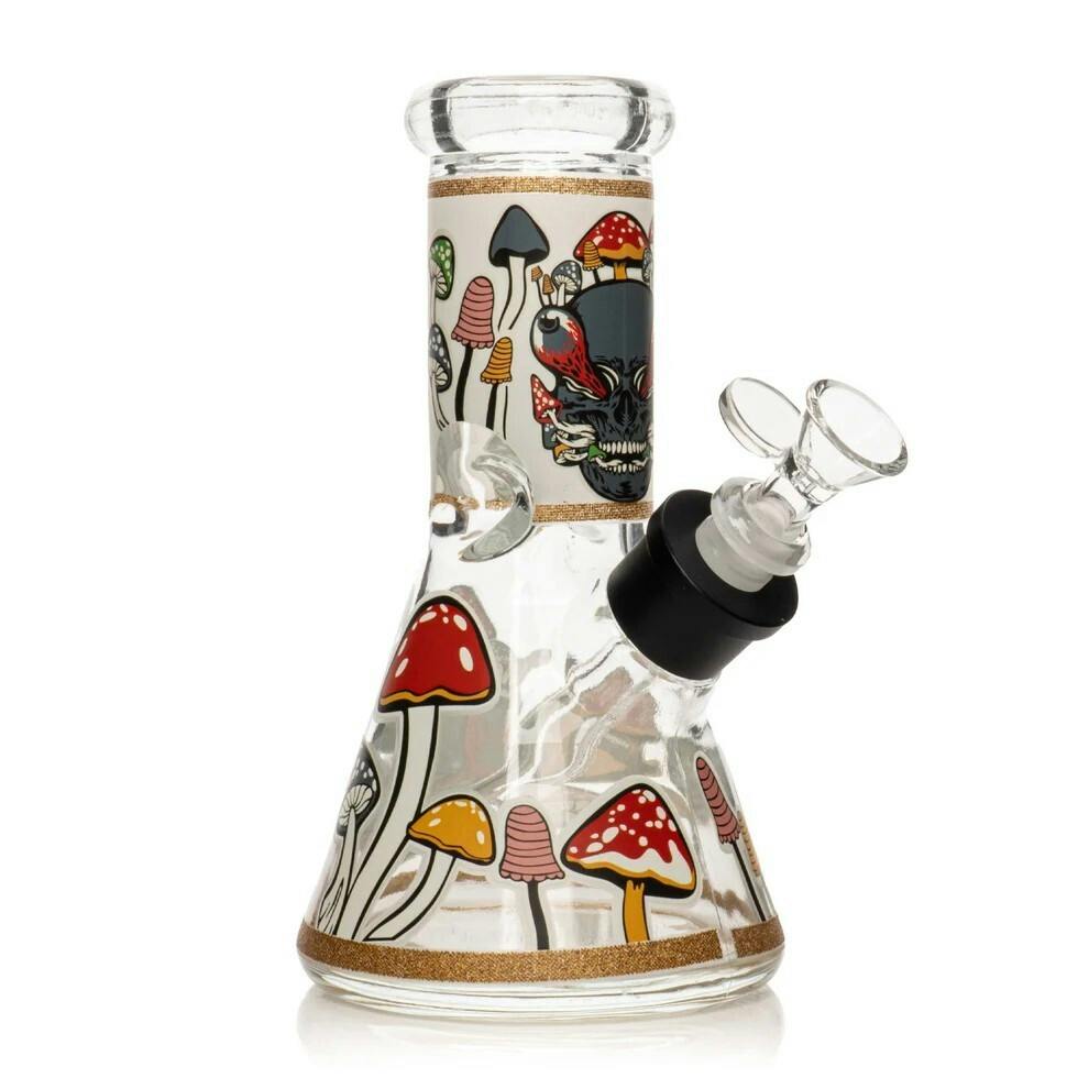 8" Tall Black Glow-In-The-Dark Mushroom Skull Beaker Base Water Pipe