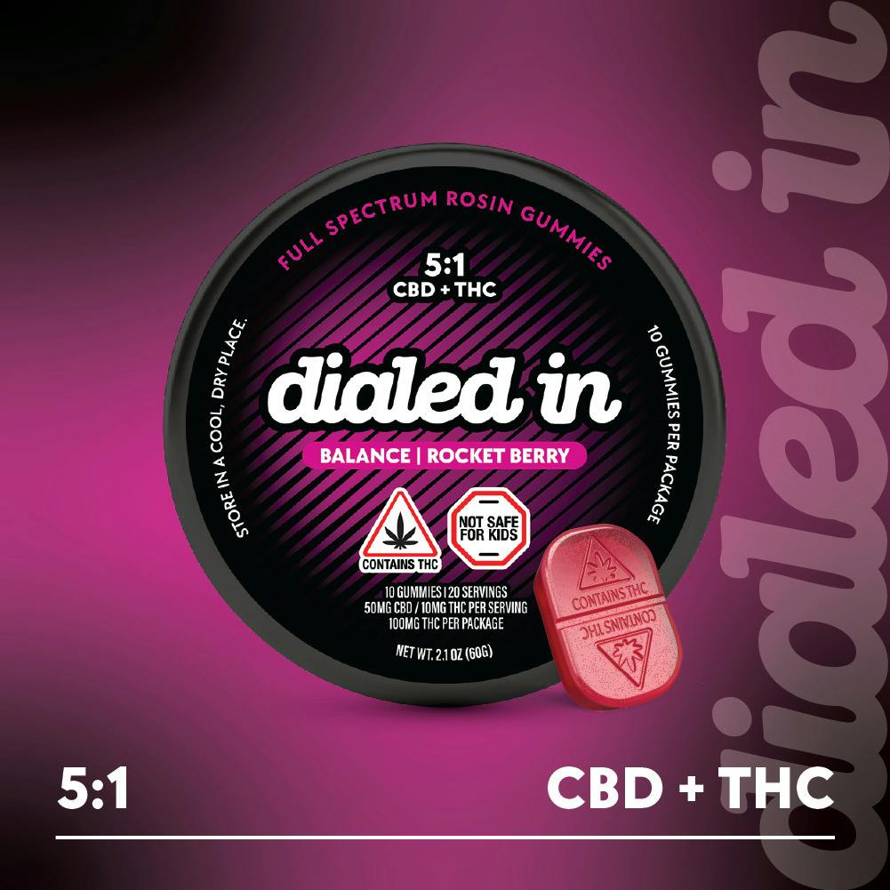 Dialed In Innovation Rosin Gummies 20pk 5:1 CBD:THC (100mg) Rocket Berry "Balance"