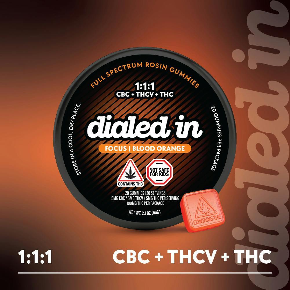 Dialed In Innovation Rosin Gummies 20pk 1:1:1 CBC:THCV:THC (100mg) Blood Orange "Focus"
