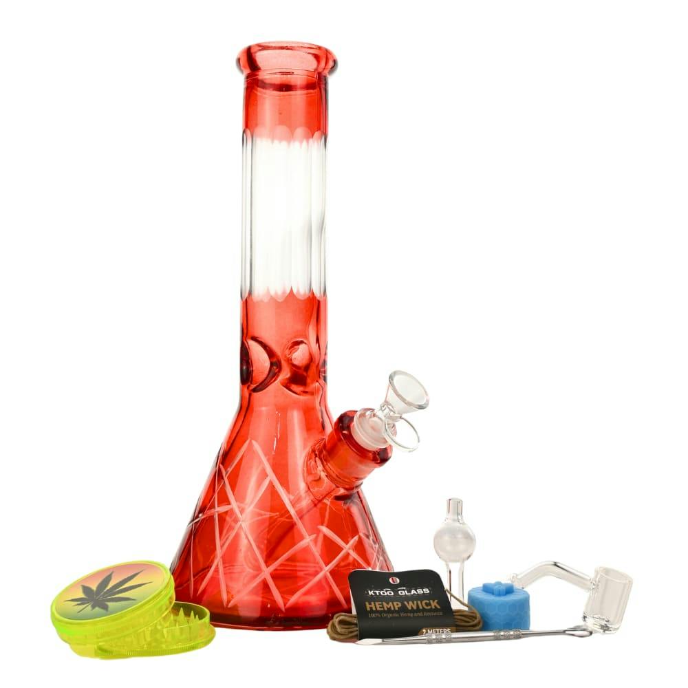12" 5mm Red Crystal Matrix Glass Bong 9-in-1 Dab Kit