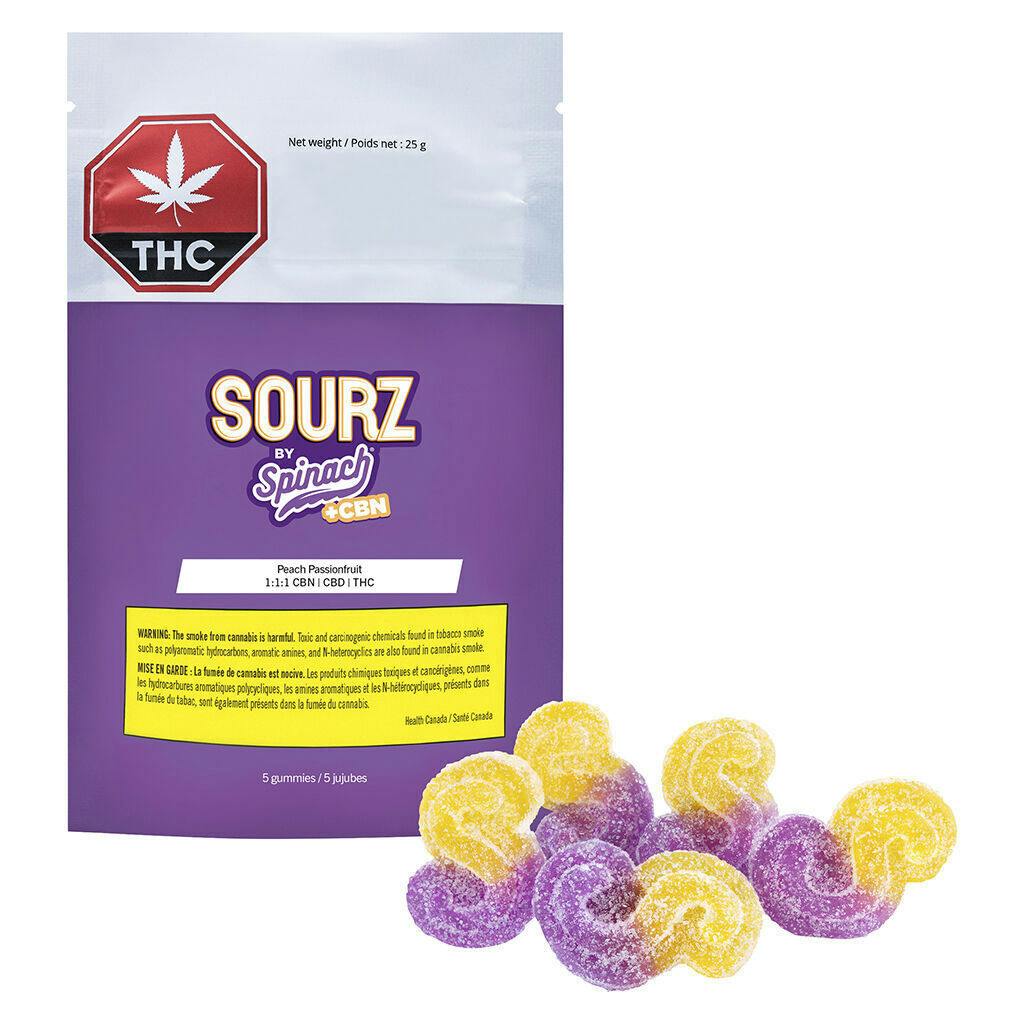 Peach Passionfruit 1:1:1 CBN CBD THC Gummies SOURZ by Spinach Indica 5 pack