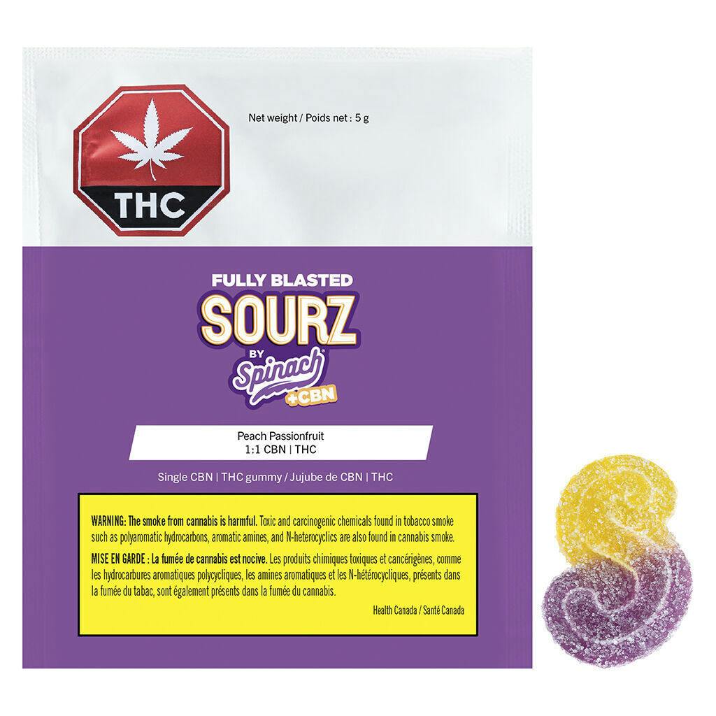 SOURZ by Spinach Fully Blasted Peach Passionfruit 1:1 CBN THC Gummy Indica 1pack