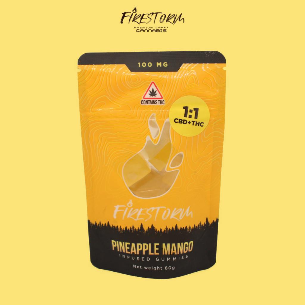 Firestorm Pineapple Mango Ratioed Gummies 5mg ea | 20-Pack | 1:1 THC:CBD