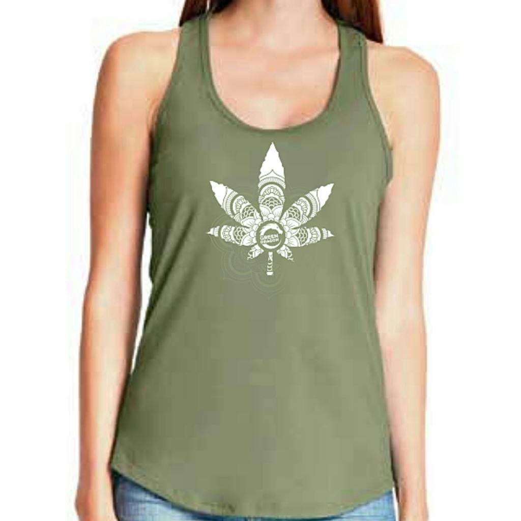 Green Dragon Weed Leaf Mandala Gathered Military Green Racerback Large