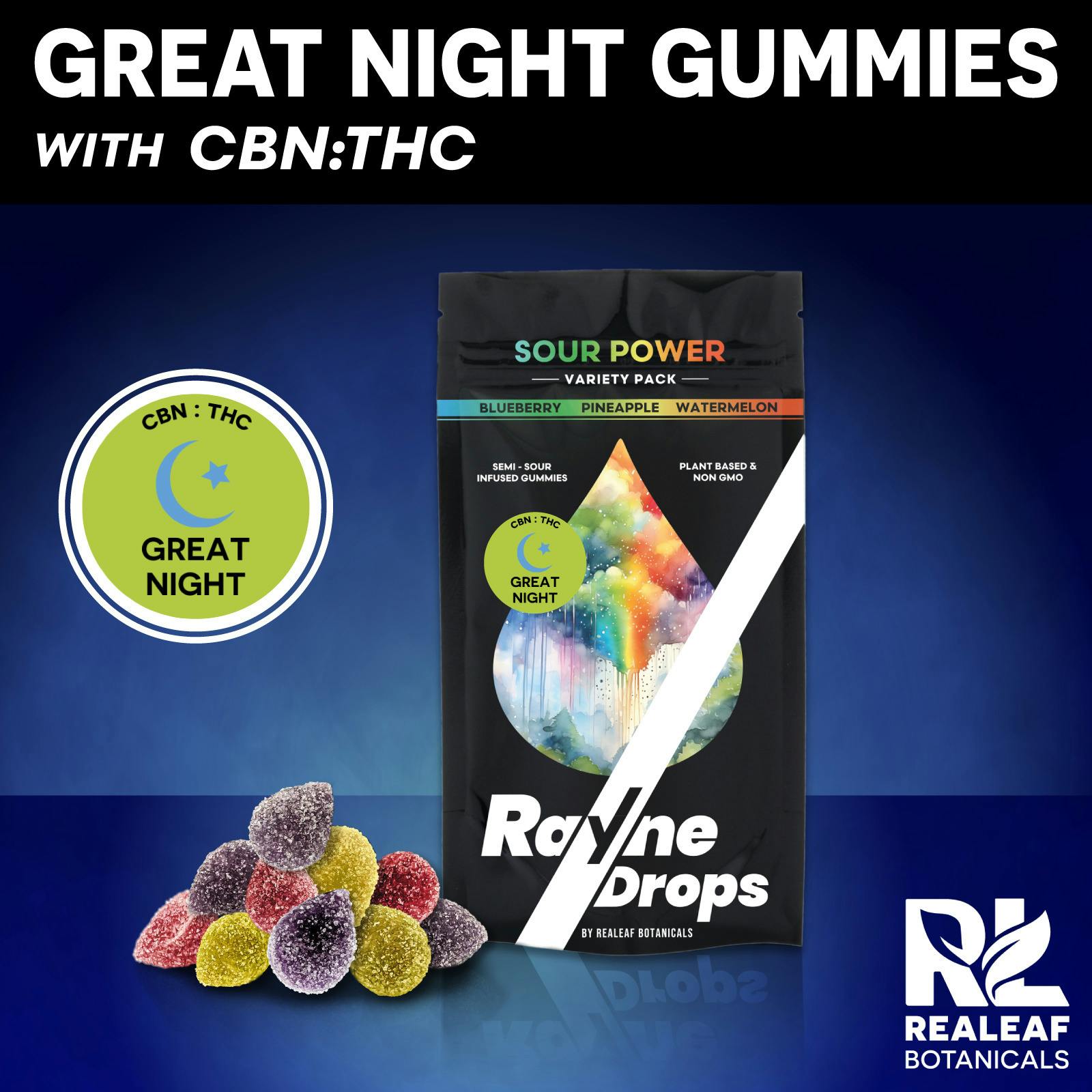 RAYNE DROPS Gummies 27mg: Great Night Variety Pack 1:10 THC:CBN 10pk