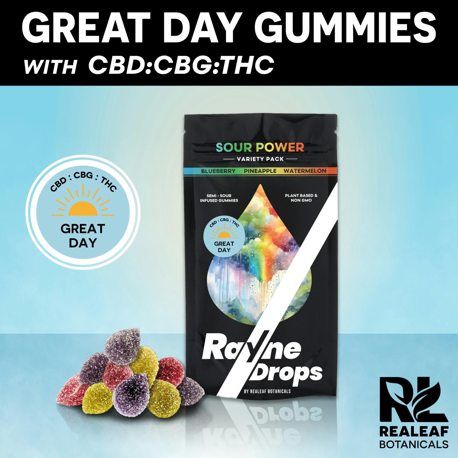 RAYNE DROPS Gummies 26mg: Great Day Variety Pack 1:7:10 THC:CBG:CBD 10pk