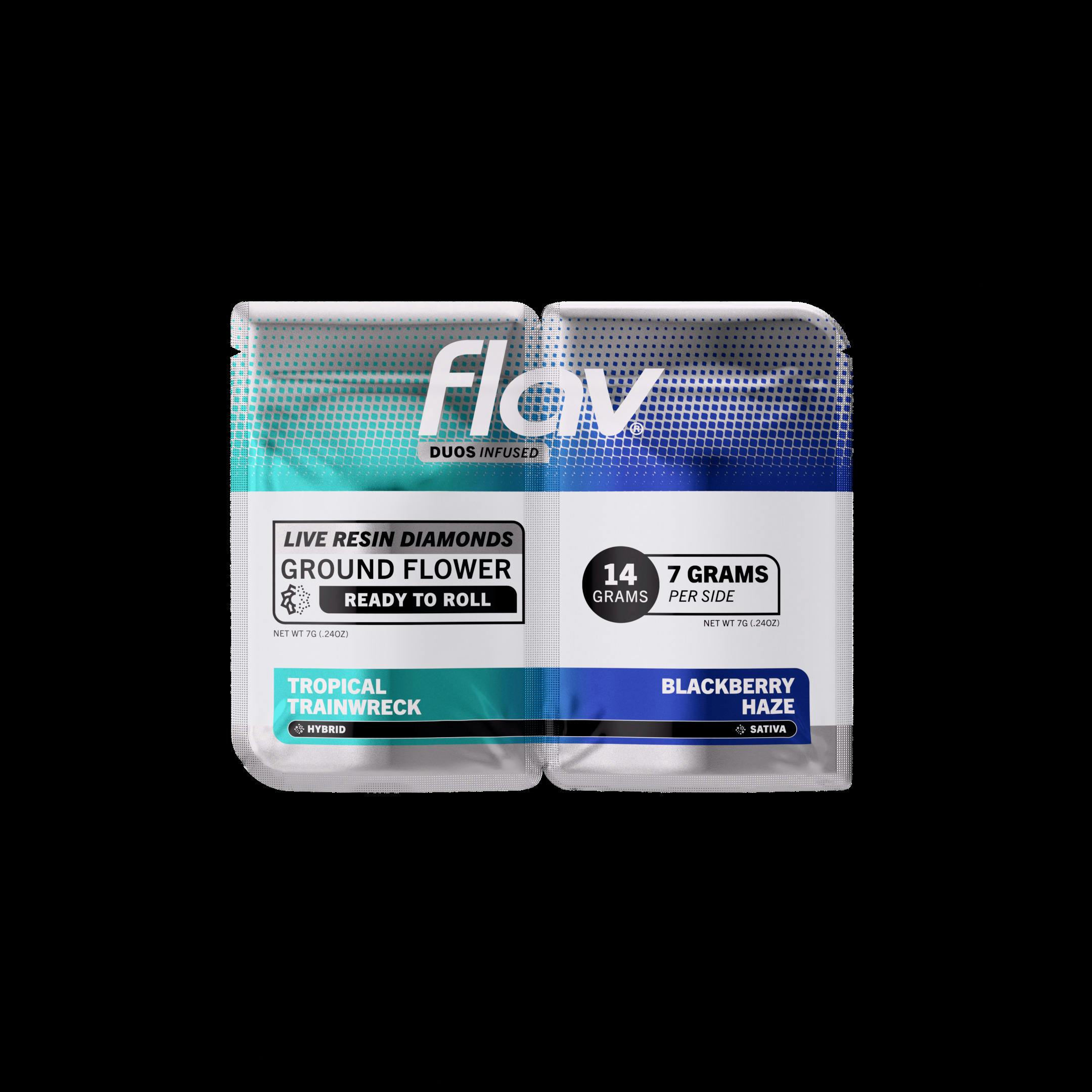 Flav | Tropical Trainwreck (h) + Blackberry Haze (s) Live Resin Infused Premium Ground Flower Duo