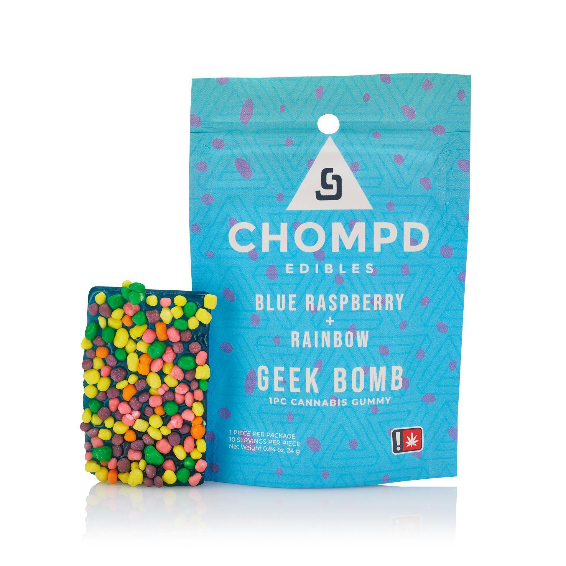 Chompd 100mg Blue Raz Rainbow Geek Bomb at Gorge Greenery All Things Cannabis- Marijuana Dispensary Hood River