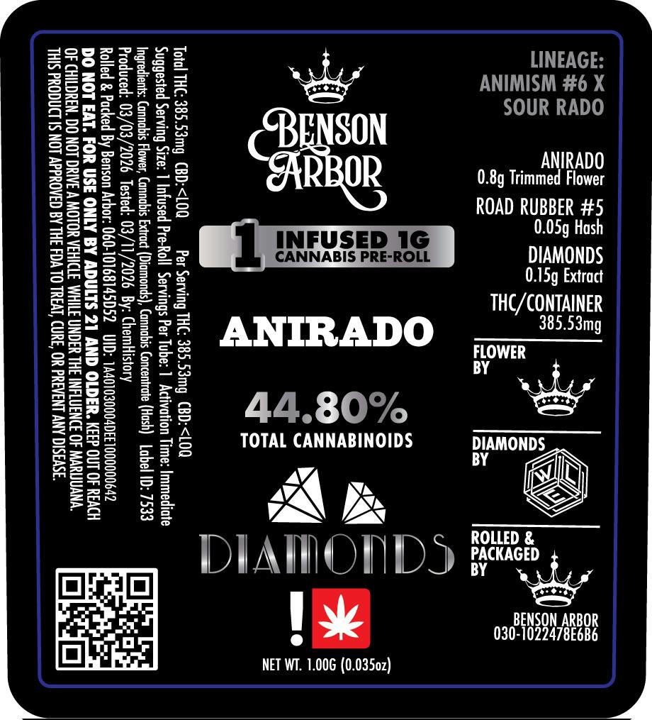 Benson Arbor 1g Anirado Diamond Infused Pre-Roll
