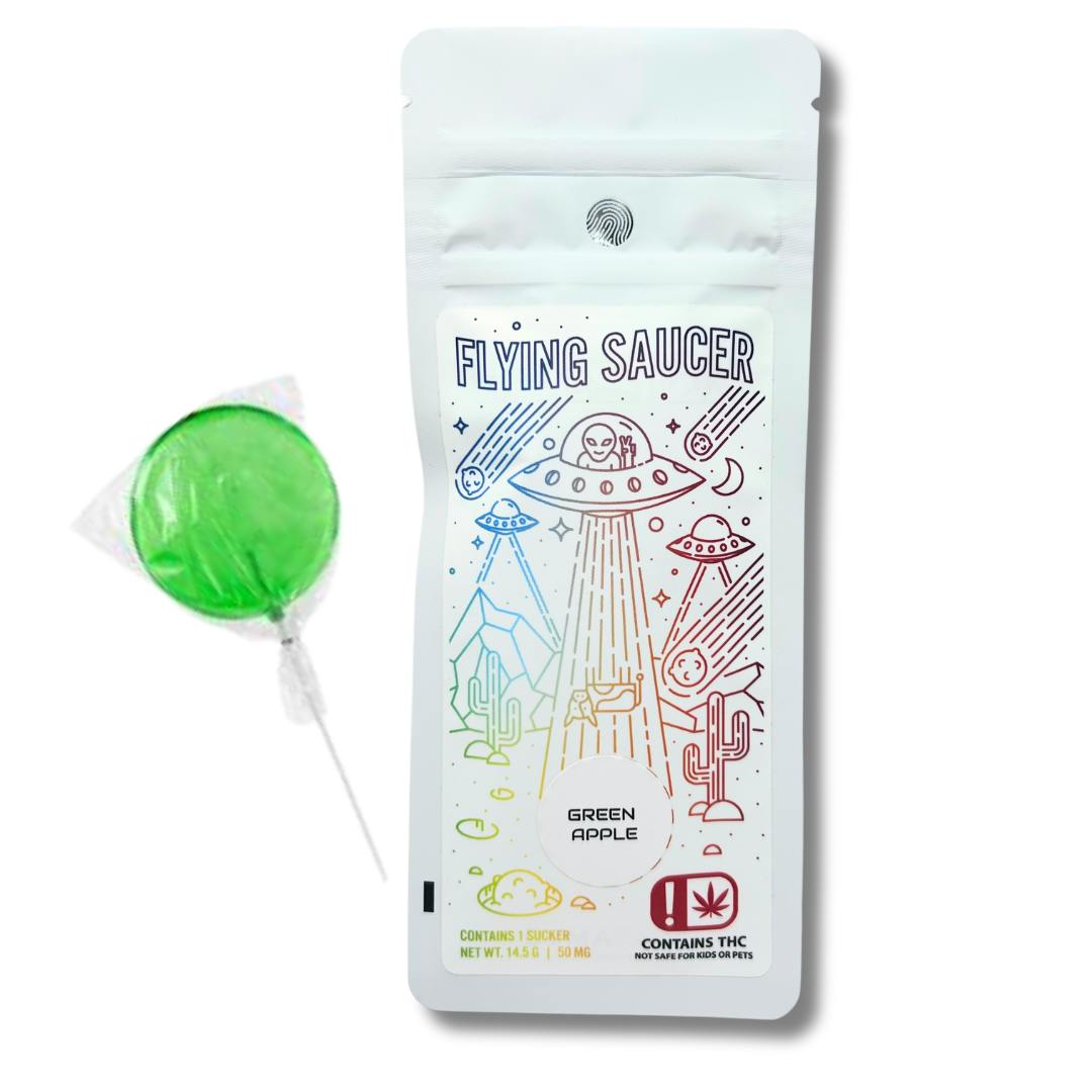 Flying Saucer - 50MG Sucker - Green Apple at Greencraft Medical Cannabis Dispensary (Tulsa)