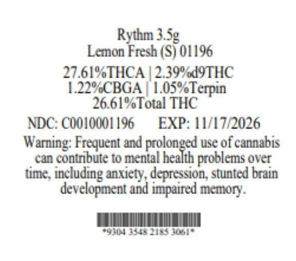 AGL Rythm Lemon Fresh Whole Flower 26.61 % (S) 3.5g - 01196