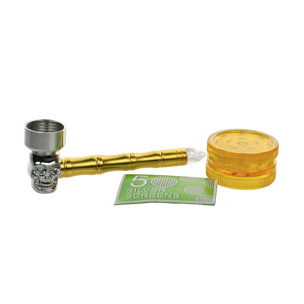 D&K Skulls Blaze Smoking Metal Pipe w/ Screens & Grinders