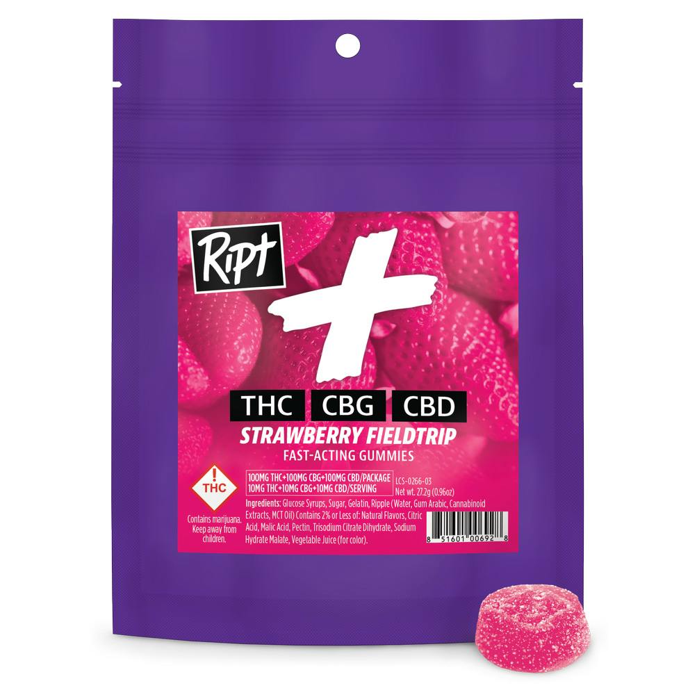 Ripple Ript Plus Gummies | Strawberry Fieldtrip 1:1:1 THC:CBG:CBD 100mg Rec