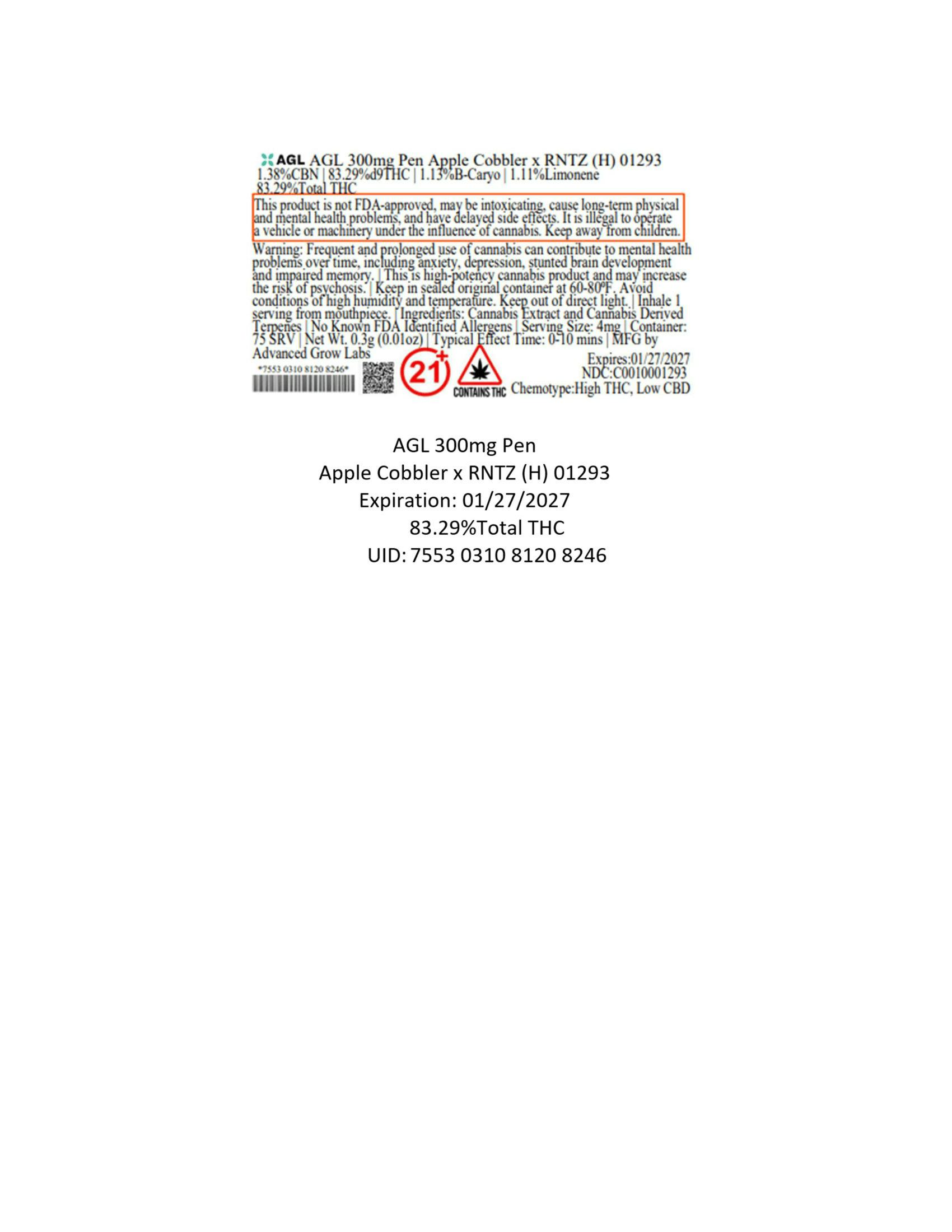 AGL 300mg Pen Apple Cobbler x RNTZ (H) 01293 at Lit New Haven Cannabis Dispensary