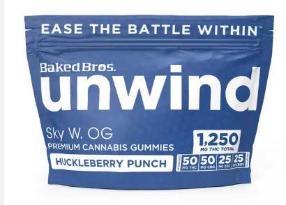 BAKED BROS 2:2:1:1 UNWIND HUCKLEBERRY PUNCH GUMMIES (1250MG THC/ 1250MG CBG/ 625MG CBC/ 625MG CBDV)